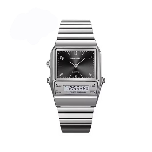 SKMEI 2632 Dual Display Multifunction Waterproof LED Unisex Wristwatch- Silver Black