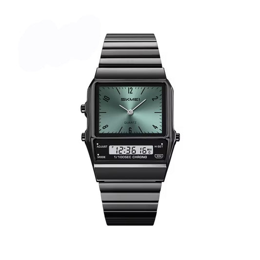 SKMEI 2632 Dual Display Multifunction Waterproof LED Unisex Wristwatch- Black & Sunburst Teal Green