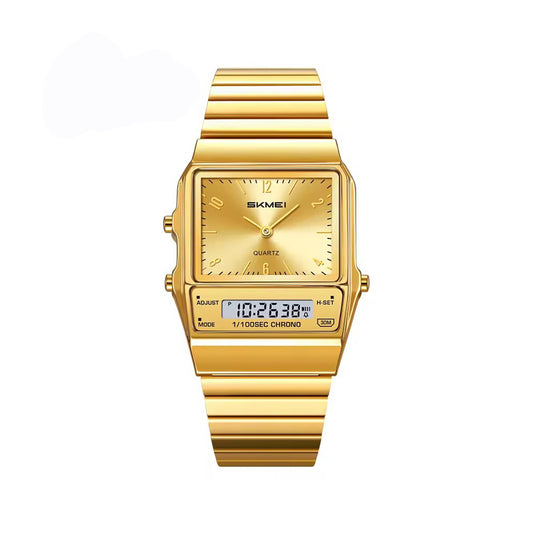 SKMEI 2632 Dual Display Multifunction Waterproof LED Unisex Wristwatch- Gold