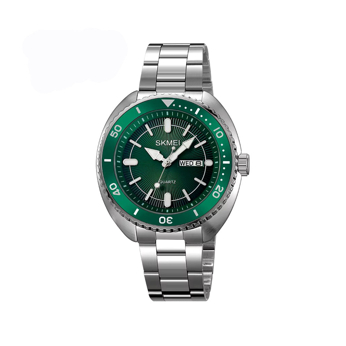 SKMEI 2256 Luxury Stainless Steel Quartz Watch for Men Calendar Week Back Light Display Mens Wristwatch- Silver Green