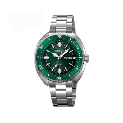 SKMEI 2256 Luxury Stainless Steel Quartz Watch for Men Calendar Week Back Light Display Mens Wristwatch- Silver Green