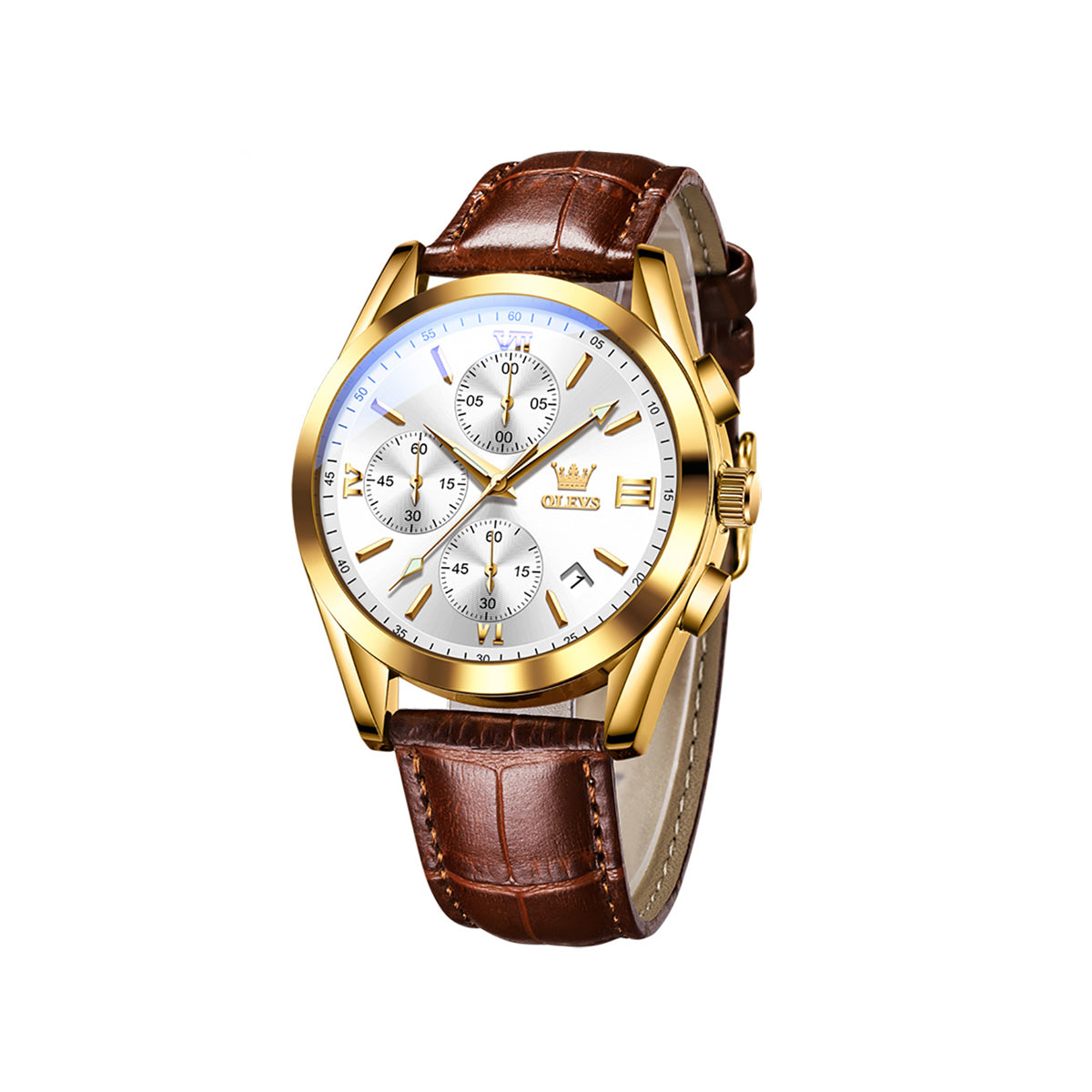 Olevs 2872 Quartz Business Casual Luminous Luxury Watch for Men-Brown Gold & White