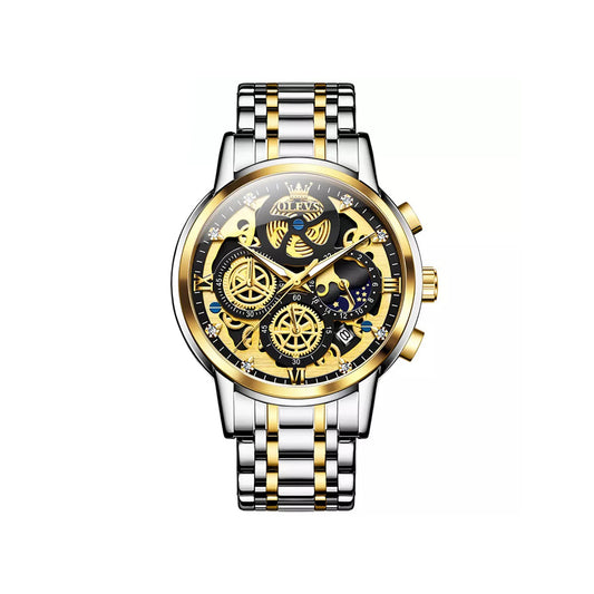 OLEVS 9947 Hollow-Carved Trendy Design Stainless Steel Chronograph Luminous Multifunctional Watch for Men’s- Silver Gold & Black