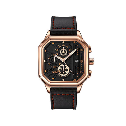 SKMEI 1963 Men’s Quartz Chronograph Leather Belt Watch- Rose Gold