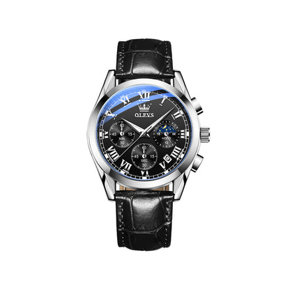 Olevs 2871 Leather Strap Fashion Business Quartz Wristwatch for Men- Black & Silver