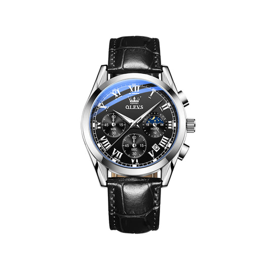 Olevs 2871 Leather Strap Fashion Business Quartz Wristwatch for Men- Black & Silver