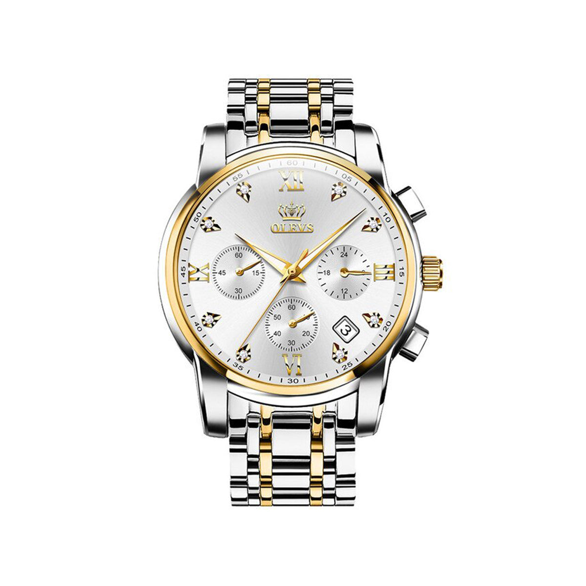 OLEVS 2858 Luxury Luminous Chronograph Men wristwatch- Silver Gold & white
