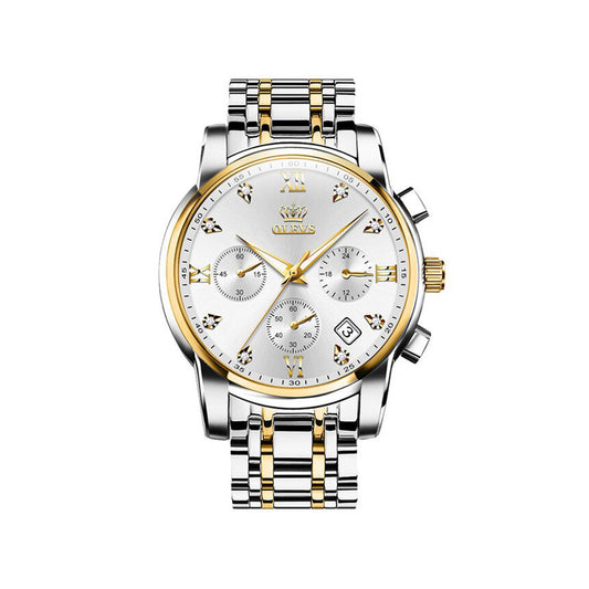 OLEVS 2858 Luxury Luminous Chronograph Men wristwatch- Silver Gold & white