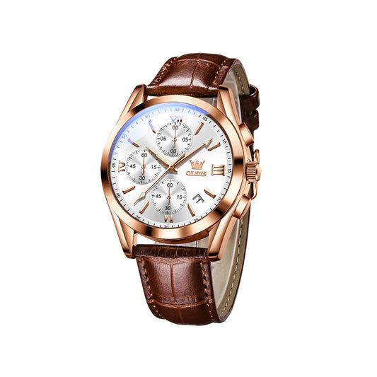 Olevs 2872 Quartz Business Casual Luminous Luxury Watch for Men-Brown & White