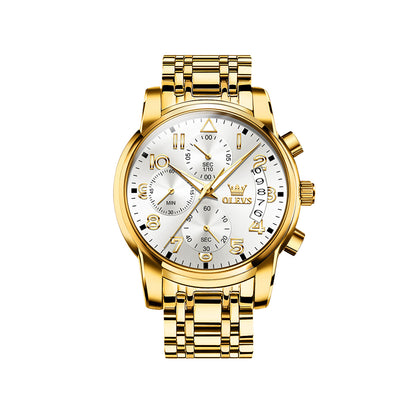 Olevs 2879 Business Fashion Multifunctional Chronograph Quartz Watch- Gold & White