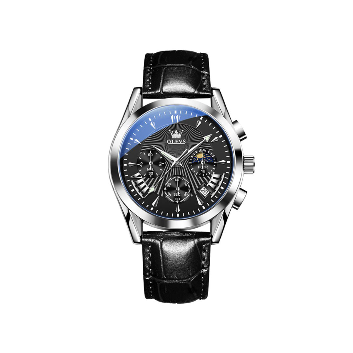 OLEVS 2876 Luxury Fashion Leather Quartz Wristwatch Men- Black Silver