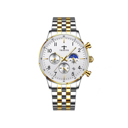 TRSOYE 668 Casual Man Watch Day Sun & Night Moon 24 Hours Display Wristwatches – Silver Gold