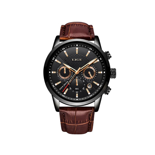 LIGE 9866 Stainless Steel Multi-function chronograph watch - Brown &amp; Black