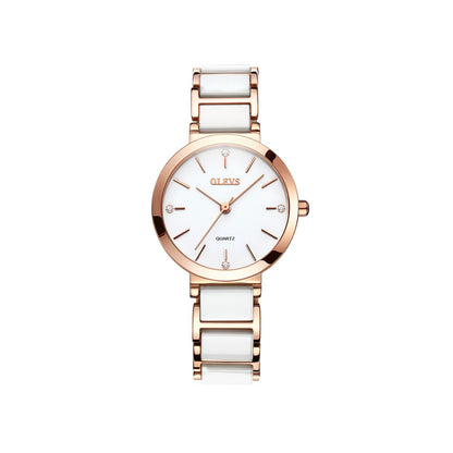 OLEVS 5877 Ceramic Classic fashion Quartz movement women watch- Rose Gold & White
