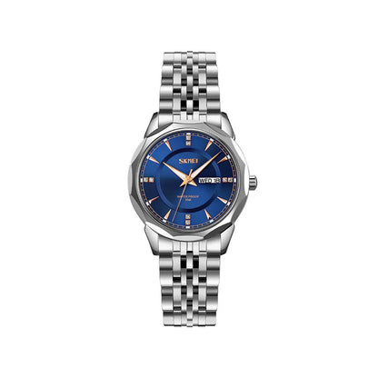 SKMEI 9264 classy elegant diamond cart stainless steel Luminous Ladies watch- Silver Blue