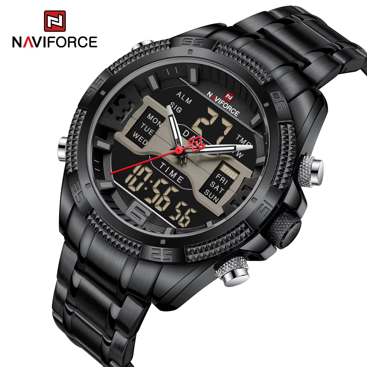 NAVIFORCE 9201 Stainless Steel Dual Time Men's Watch-Black