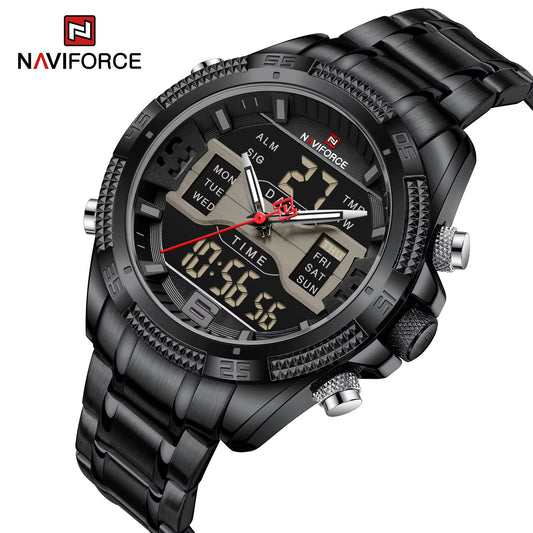 NAVIFORCE 9201 Stainless Steel Dual Time Men's Watch-Black
