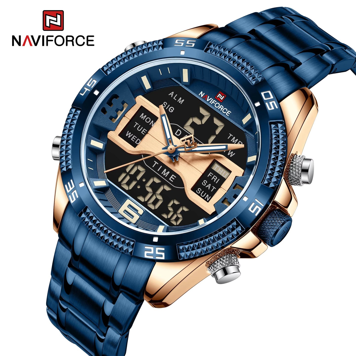 NAVIFORCE 9201 Stainless Steel Dual Time Men's Watch-Rose Blue