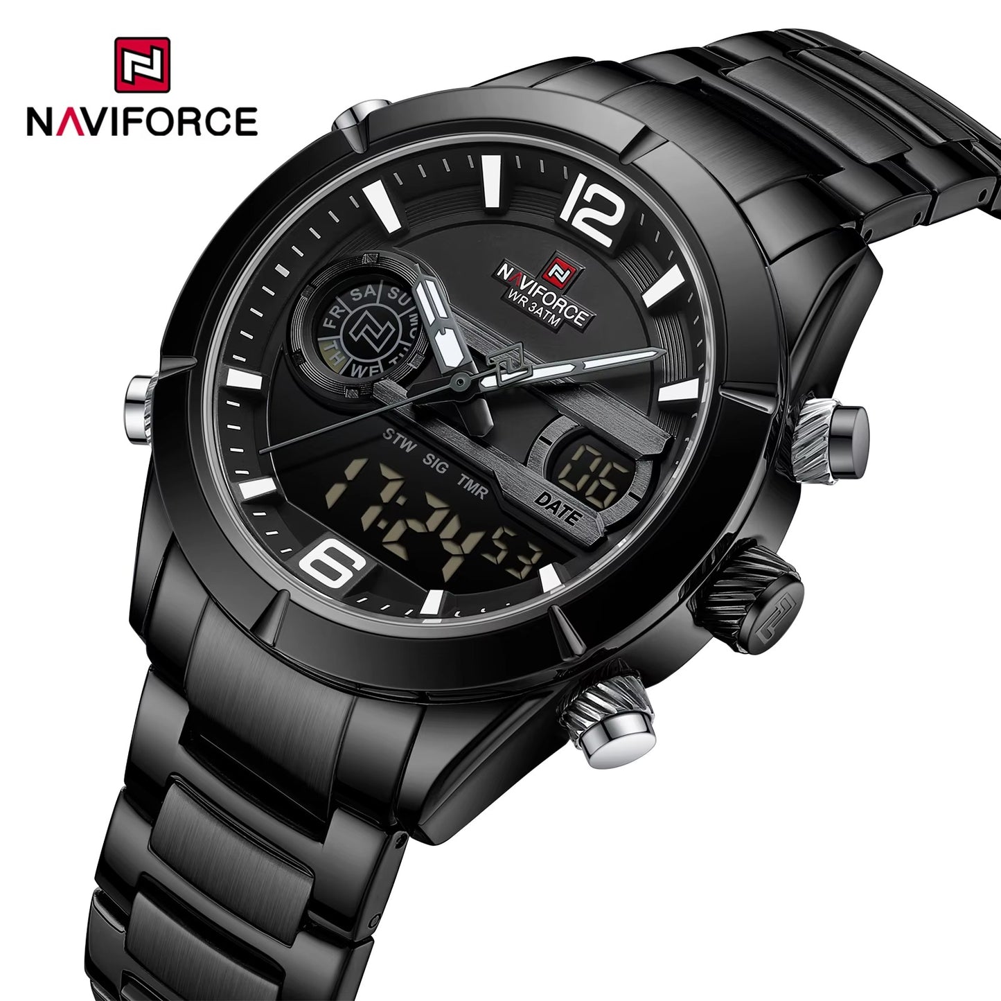 NAVIFORCE 9232 Stainless Steel Dual Time Men's Watch-Black