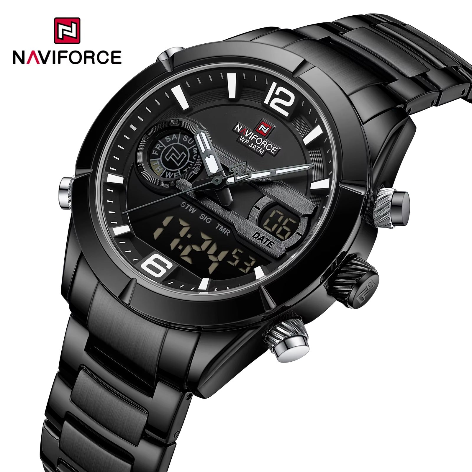NAVIFORCE 9232 Stainless Steel Dual Time Men's Watch-Black