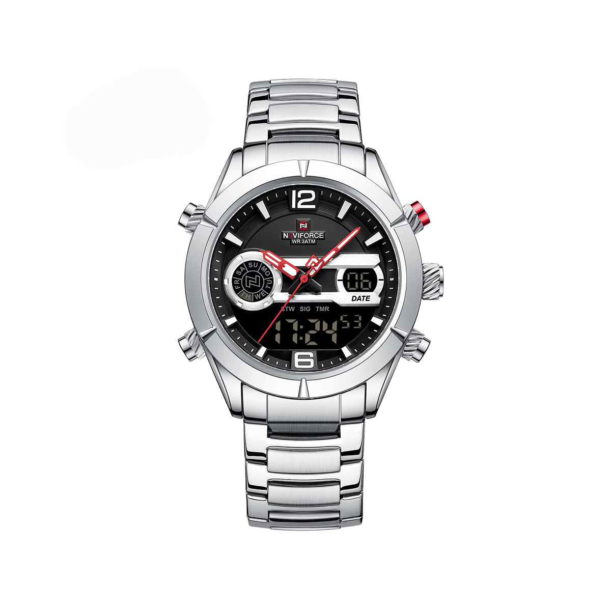 NAVIFORCE 9232 Stainless Steel Dual Time Men's Watch-Silver Black