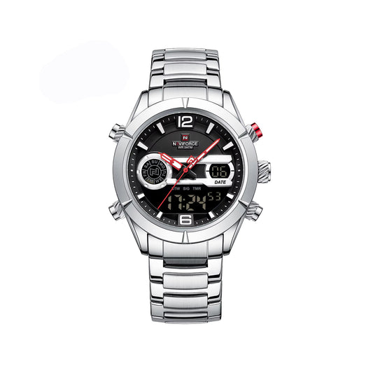NAVIFORCE 9232 Stainless Steel Dual Time Men's Watch-Silver Black