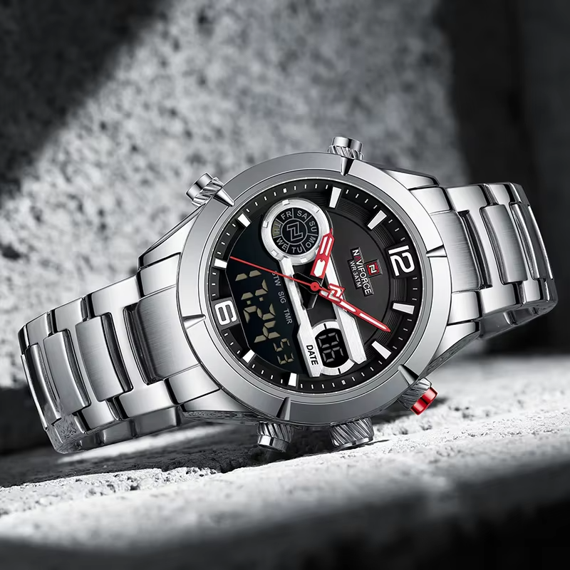 NAVIFORCE 9232 Stainless Steel Dual Time Men's Watch-Silver Black
