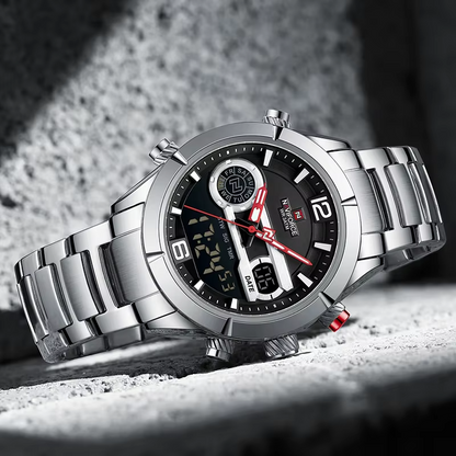 NAVIFORCE 9232 Stainless Steel Dual Time Men's Watch-Silver Black