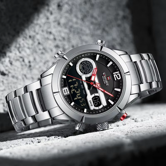 NAVIFORCE 9232 Stainless Steel Dual Time Men's Watch-Silver Black