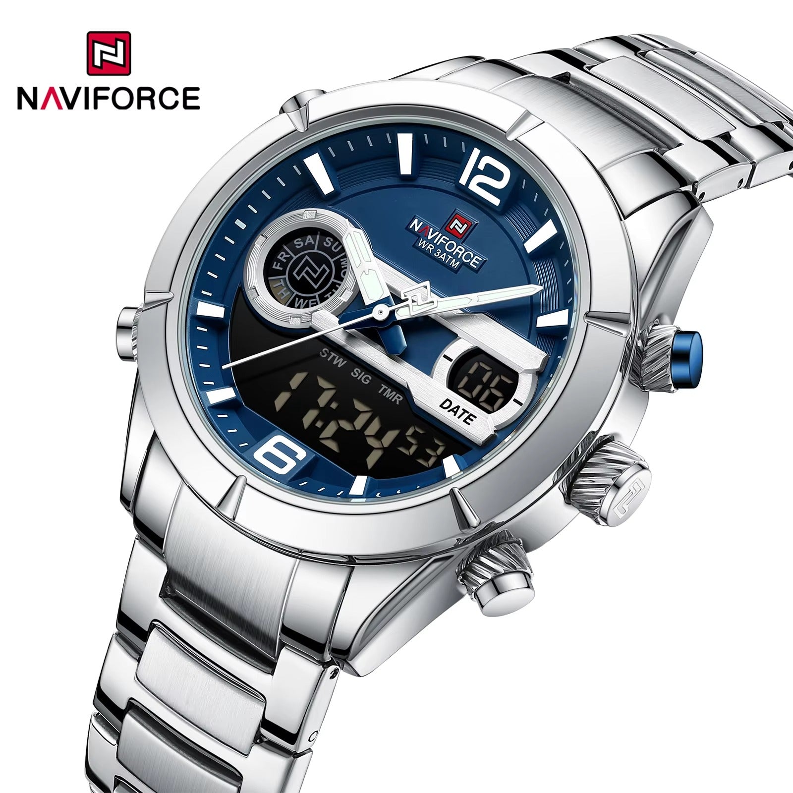 NAVIFORCE 9232 Stainless Steel Dual Time Men's Watch-Silver Blue