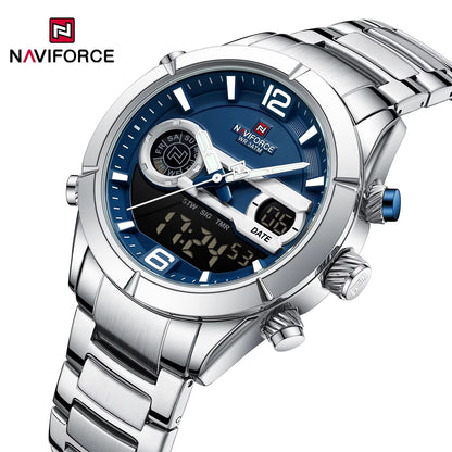 NAVIFORCE 9232 Stainless Steel Dual Time Men's Watch-Silver Blue