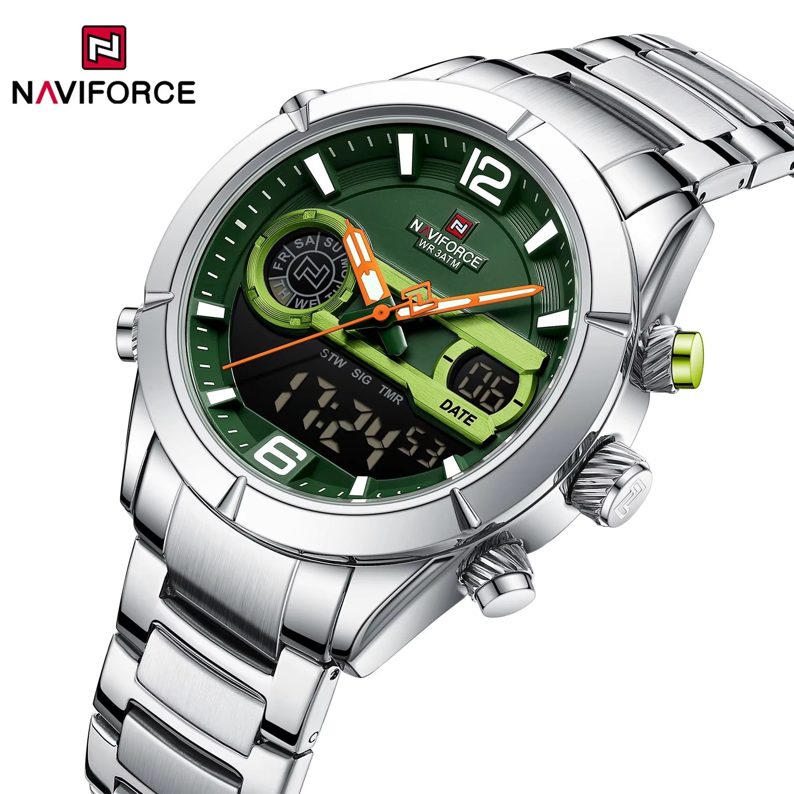 NAVIFORCE 9232 Stainless Steel Dual Time Men's Watch-Silver Green