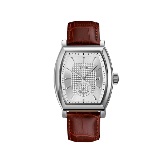 SKMEI 9306 Men’s Brown Leather Strap Quartz Watch - White Dial