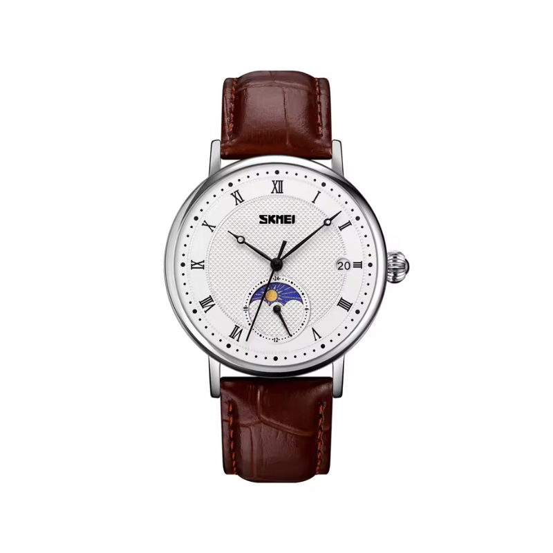 SKMEI 9308 Men’s Brown Leather Strap Quartz Watch - White Dial