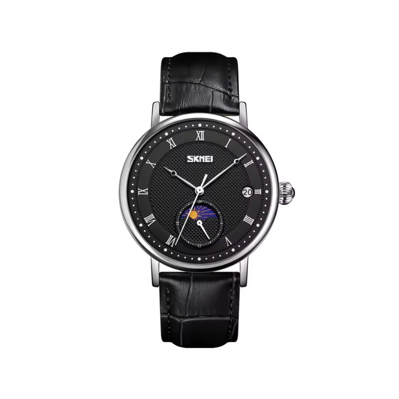 SKMEI 9308 Men’s Black Leather Strap Quartz Watch - Black Dial