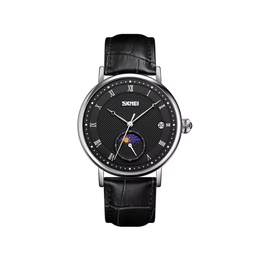 SKMEI 9308 Men’s Black Leather Strap Quartz Watch - Black Dial