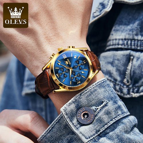 Olevs 2872 Quartz Business Casual Luminous Luxury Watch for Men-Brown & Blue