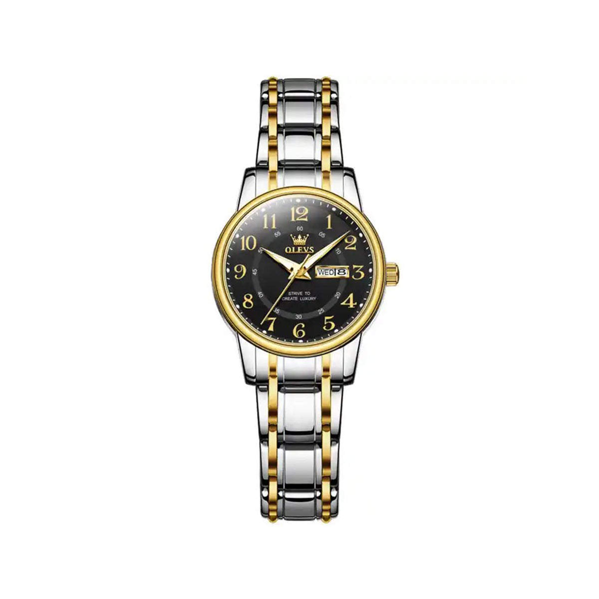 OLEVS 2891 Luminous Steel Strap Day Date Ladies Watch-Black Gold