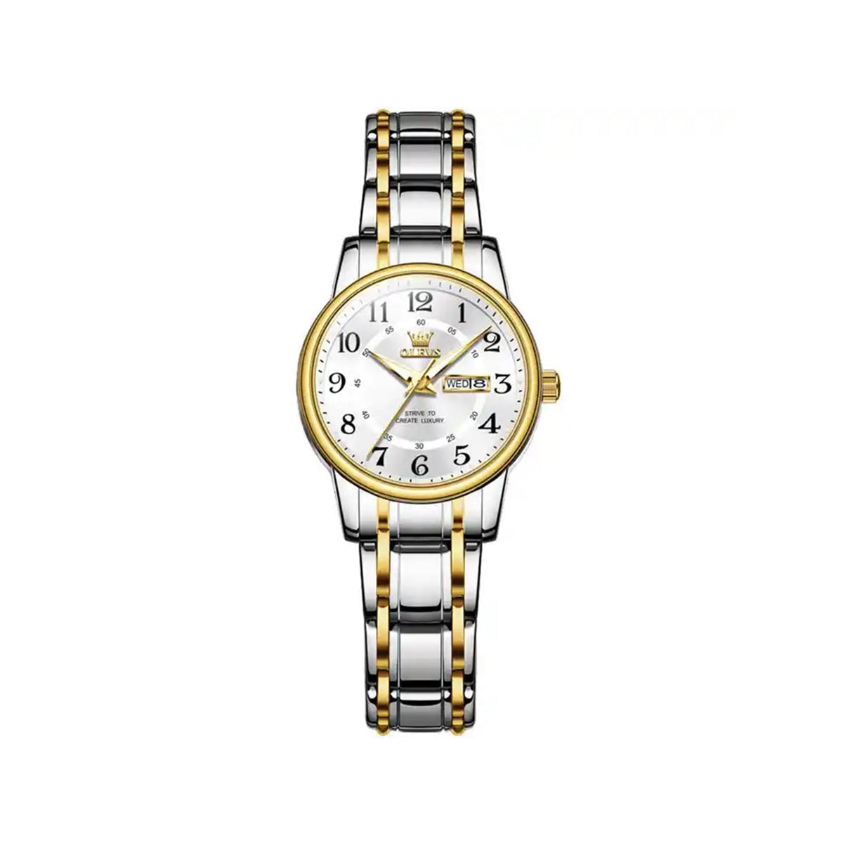 OLEVS 2891 Luminous Steel Strap Day Date Ladies Watch-Silver Gold