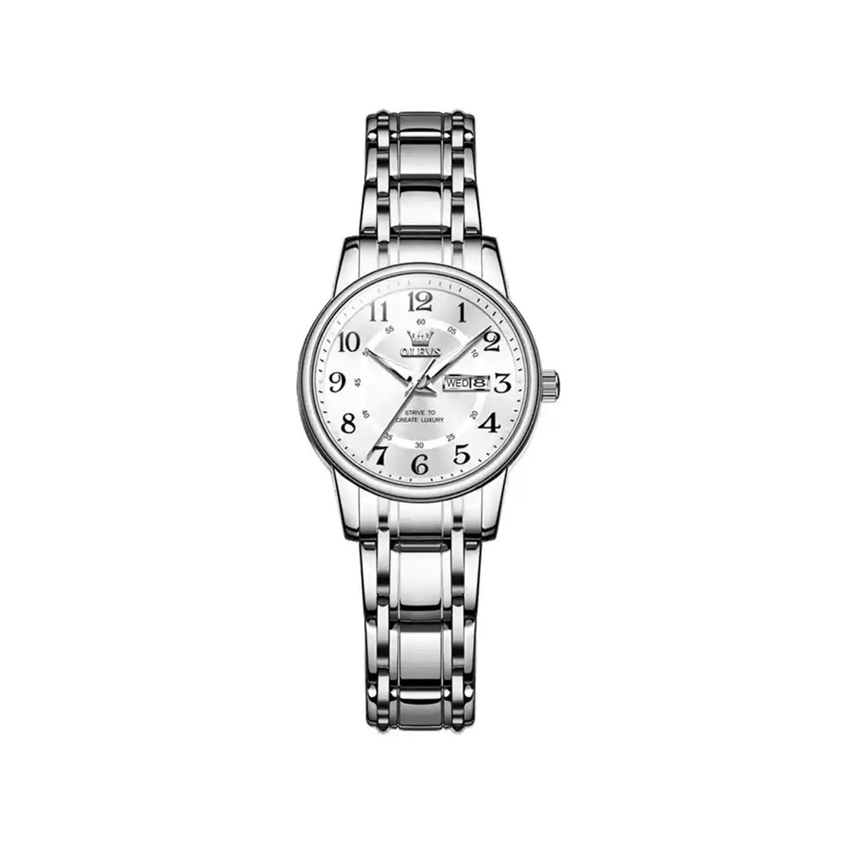 OLEVS 2891 Luminous Steel Strap Day Date Ladies Watch-Silver