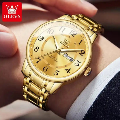 OLEVS 2891 Luminous Steel Strap Day Date Men's Watch-Gold