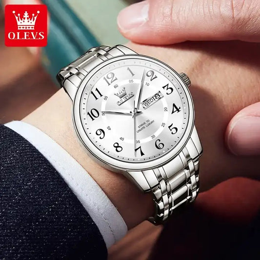 OLEVS 2891 Luminous Steel Strap Day Date Men's Watch-Silver