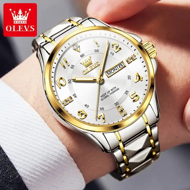 OLEVS 2910 Number Dial Stainless Steel Day Date Men's Watch-Silver Gol ...
