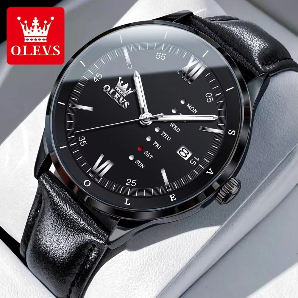 OLEVS 2931 Quartz Leather Strap Calendar Men's Watch-Black