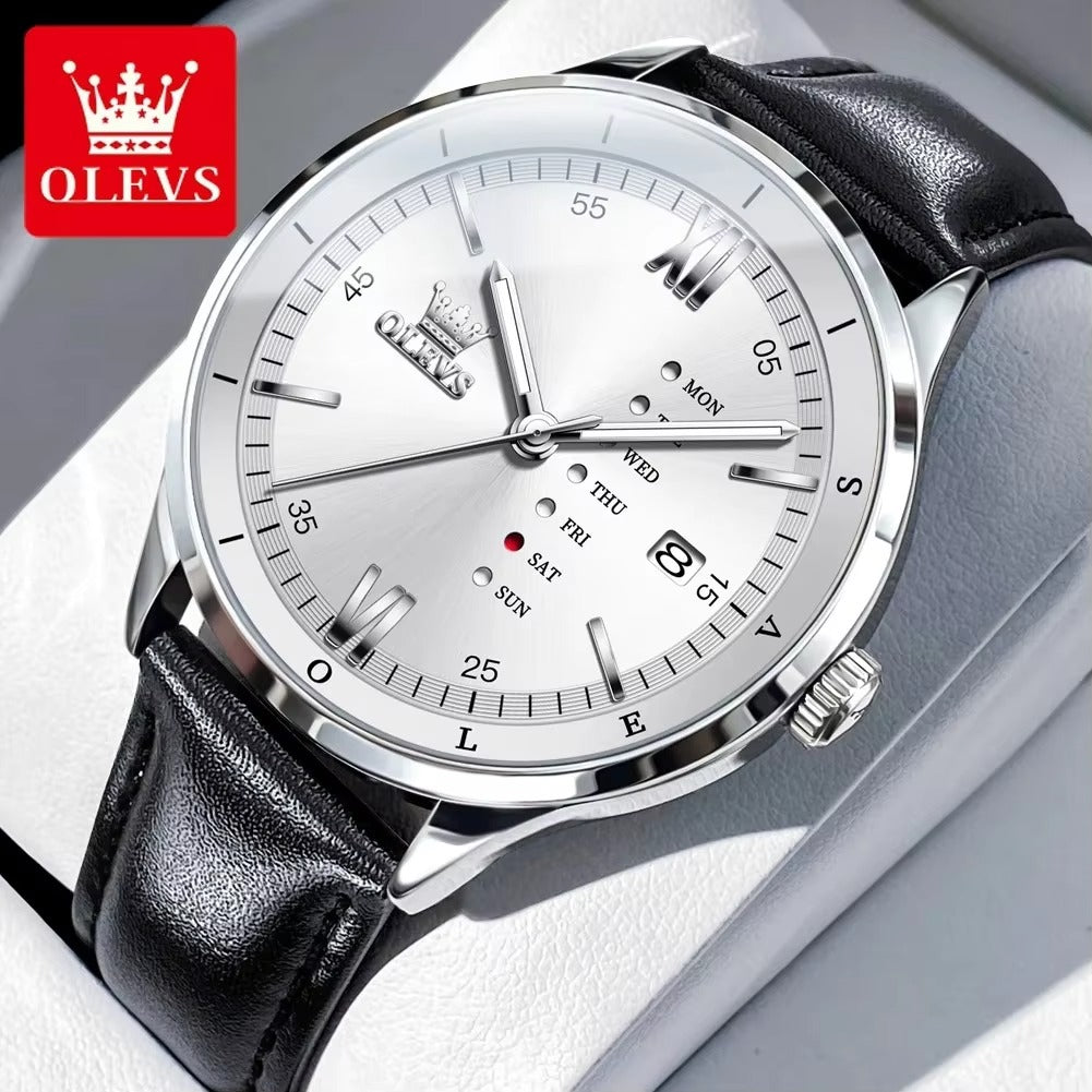 OLEVS 2931 Quartz Leather Strap Calendar Men's Watch-Silver