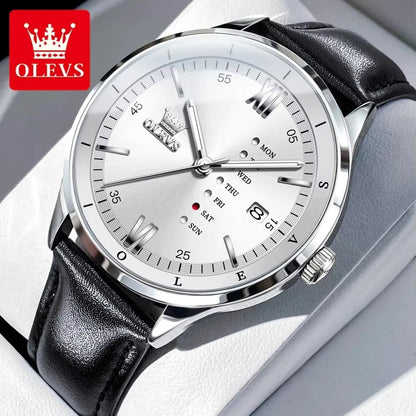 OLEVS 2931 Quartz Leather Strap Calendar Men's Watch-Silver