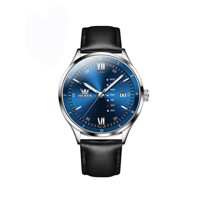 OLEVS 2931 Quartz Leather Strap Calendar Men's Watch-Silver Blue
