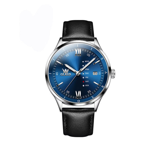 OLEVS 2931 Quartz Leather Strap Calendar Men's Watch-Silver Blue