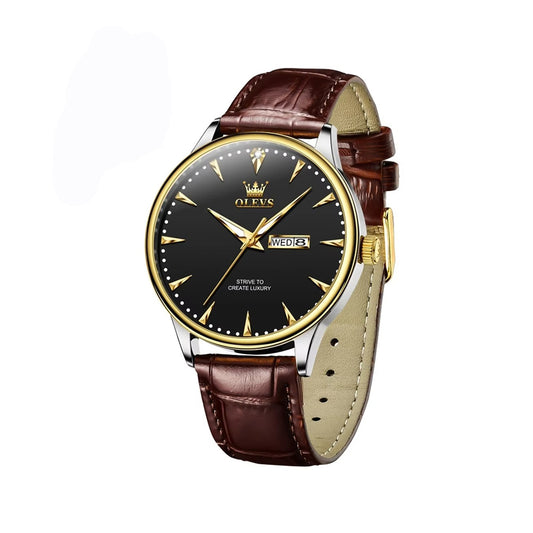 OLEVS 2933 PU Leather Analog Classical Men's Watch-Black Brown