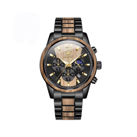 OLEVS 3645 Wooden Chronograph Stainless Steel Men's Watch-Black